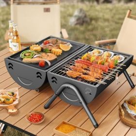 Table Top Grill Charcoal with Smoker, Double Side Use Small Charcoal Grill Portable with Grate and Fry Pan for Outdoor Camping BBQ