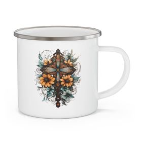 Enamel Camping Mug, Blue Brown Yellow Christian Cross Floral Bouquet Illustration