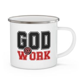 Enamel Camping Mug, God @ Work Black And Red Print