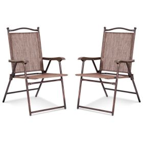 Set of 2 Patio Folding Sling Back Camping Deck Chairs (Color: Brown)