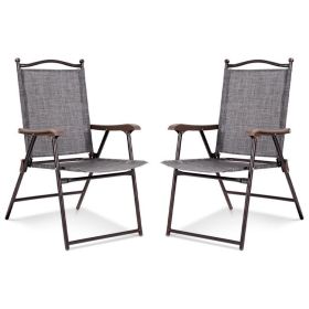 Set of 2 Patio Folding Sling Back Camping Deck Chairs (Color: Gray)