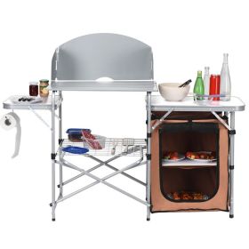 Foldable Outdoor BBQ Portable Grilling Table with Windscreen Bag (Color: Brown)