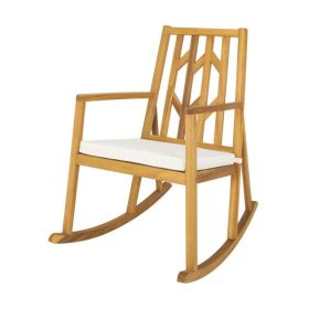 Patio Acacia Wood Rocking Chair Sofa with Armrest and Cushion for Garden and Deck (Color: White)